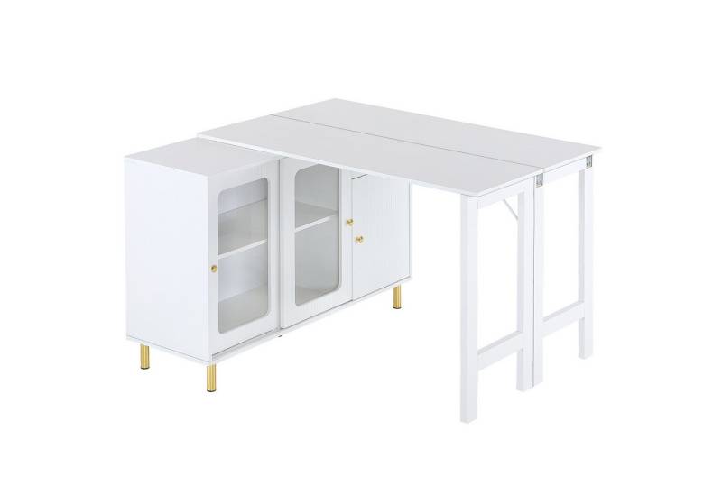 HAUSS SPOLE Sideboard 360° Schreibtisch Vitrine mit höhenverstellbaren Einlegeböden (Kommode, Anrichte, Wohnzimmerschrank, Ecktisch, Computertisch, 1 St., 1 klappbarem Tisch, 3 Türen, 1 Schublade), mit klappbarem Ausziehtisch, Wellenmuster Design von HAUSS SPOLE