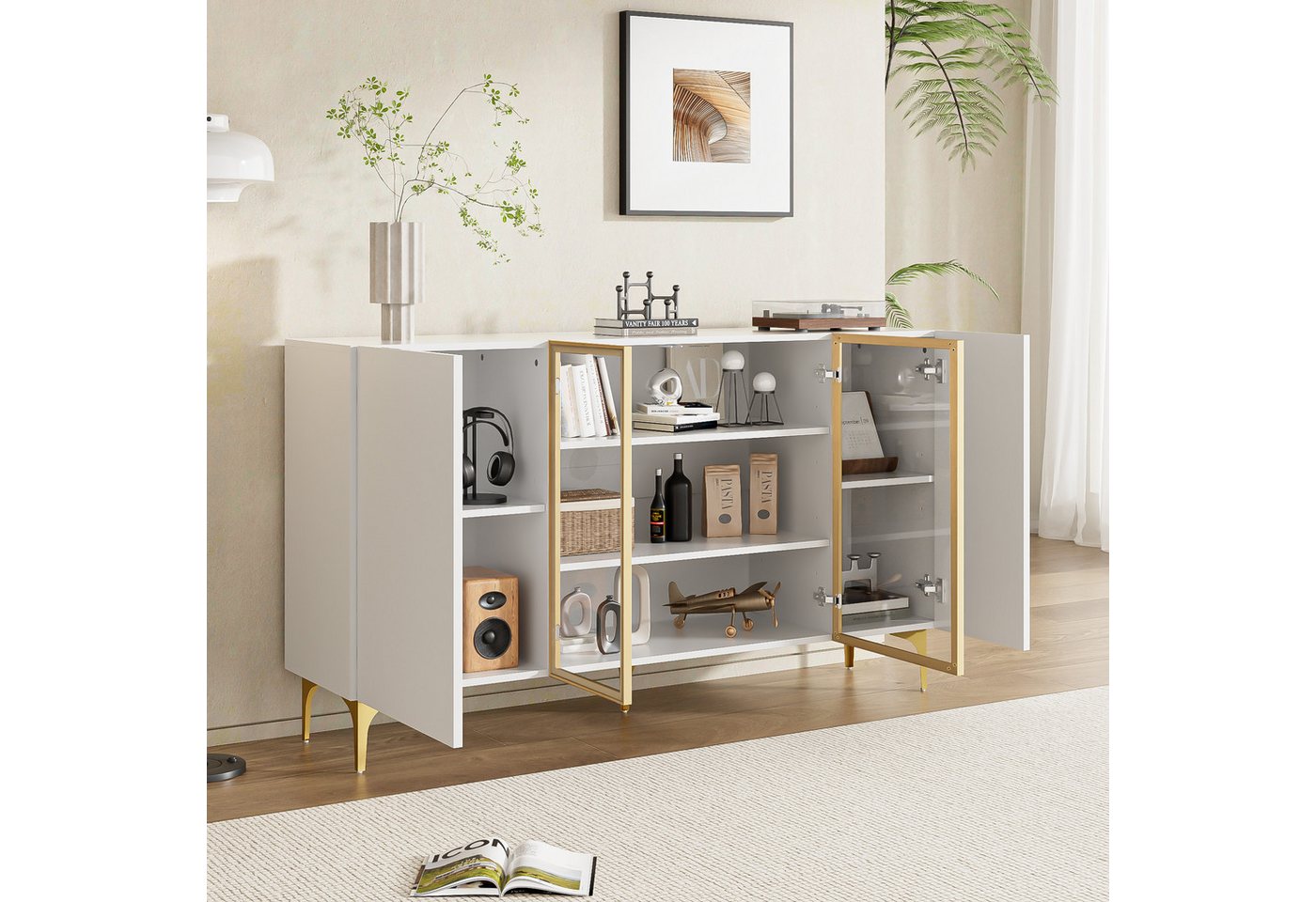 HAUSS SPOLE Sideboard 4-Tür Sideboard mit Glas & Metall, Grifflos für Wohnzimmer Weiß (Kommode, Anrichte, Buffetschrank, Organisator, 1 St., 4-Tür), Grifflos, mit viel Stauraum von HAUSS SPOLE