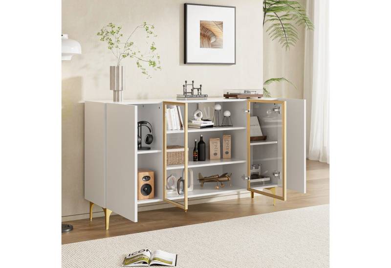 HAUSS SPOLE Sideboard 4-Tür Sideboard mit Glas & Metall, Grifflos für Wohnzimmer Weiß (Kommode, Anrichte, Buffetschrank, Organisator, 1 St., 4-Tür), Grifflos, mit viel Stauraum von HAUSS SPOLE