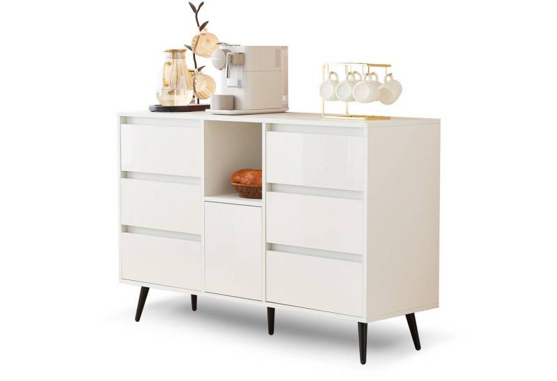 HAUSS SPOLE Sideboard Beistellschrank Kommode mit LED-Beleuchtung, 6 geräuschlosen Schublade (Kommode, Anrichte, Wohnzimmerschrank, 1 St., 6 geräuschlosen Schubladen, 1 Tür, 1 offene Fächer), mit LED-Beleuchtung, Push-Open-Türen von HAUSS SPOLE