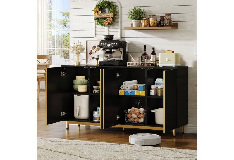 HAUSS SPOLE Sideboard Buffetschrank Schwarz Beistellschrank Aufbewahrungsschrank kippsicher (Moderne 150 cm Sideboard mit Wellenförmigen Türen, Verstellbaren Metallfüßen und Kippschutz), mit wellenförmigen von HAUSS SPOLE