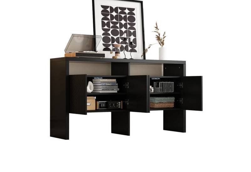 HAUSS SPOLE Sideboard Flurschrank mit stauraum,Beistellschrank mit 4 Türen,wohnzimmerschrank (Sideboard/Flurschrank mit 2 offenen Fächern & 4 Türen, stabiler MDF., B140/D35/H75 cm), mit 2 offenen Fächern und 4 Türen von HAUSS SPOLE