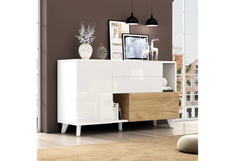 HAUSS SPOLE Sideboard Hochglänzendes Sideboard mit Stauraum, moderner Wohnzimmerschrank weiß (Kommode,Wohnzimmerschrank, als Fernsehschrank,TV-Board, 1 St., 2 Türen, 2 Schubladen,2 offene Fächer), Tür grifflos Pop-Open-Design von HAUSS SPOLE