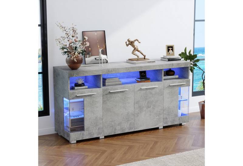HAUSS SPOLE Sideboard Hochglanz mit LED Licht, Seitenschrank aus Glas mit 3 Fächern Grau (Beistelltisch Kommode, Anrichte, 1 St., 9 Fächern), mit LED Licht von HAUSS SPOLE