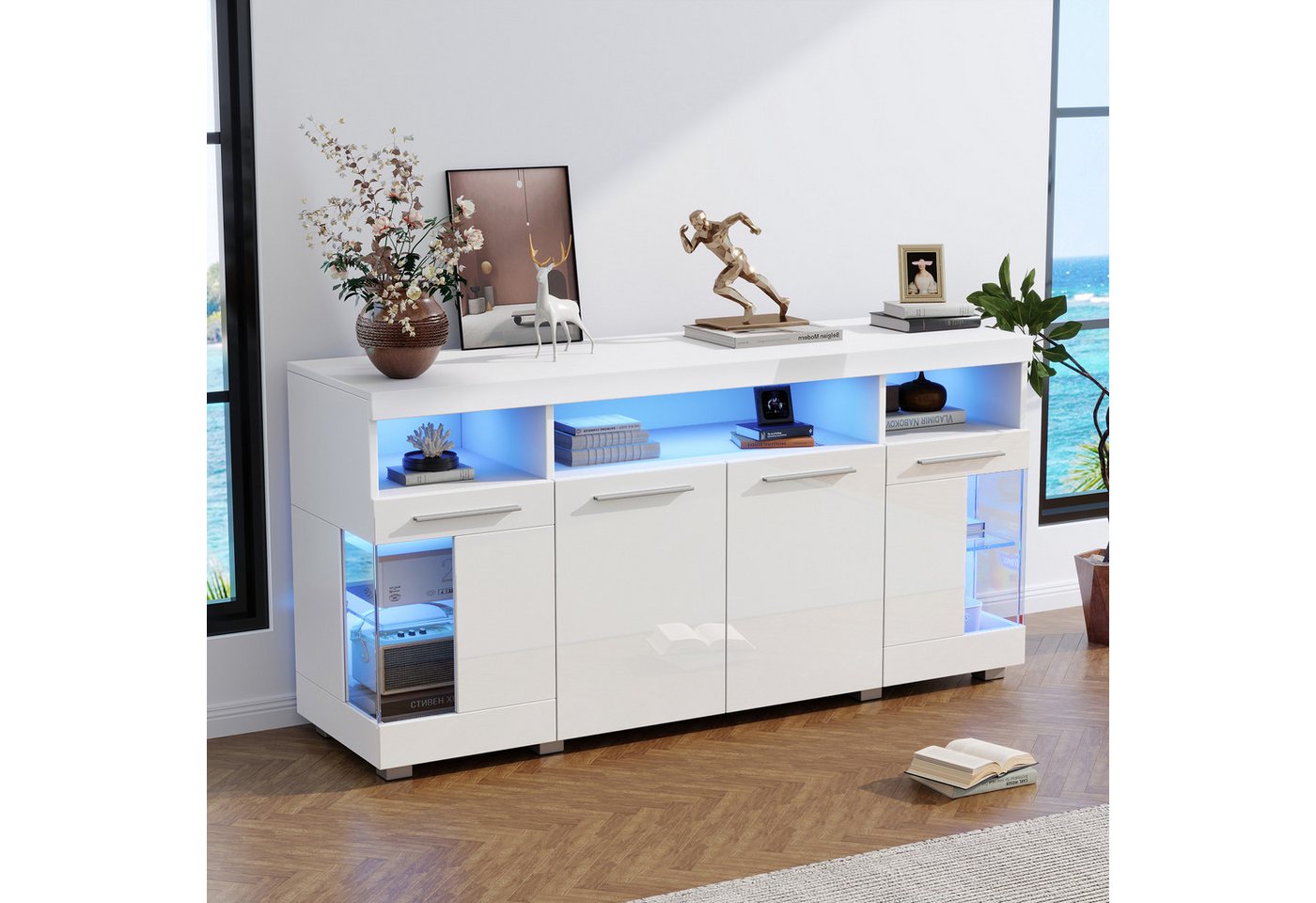 HAUSS SPOLE Sideboard Hochglanz mit LED Licht, Seitenschrank aus Glas mit 3 Fächern Weiß (Beistelltisch Kommode, Anrichte, 1 St., 9 Fächern), mit LED Licht von HAUSS SPOLE