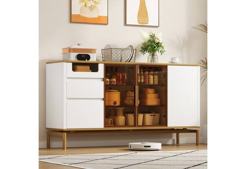 HAUSS SPOLE Sideboard Kommode Küchenschrank Buffetschrank Vitrine mit Glas & Holzfächern (Elegantes Sideboard 150x40x80 cm – Weiß mit Marmoroptik und Goldakzenten,Stauraum mit Schubladen, verstellbaren Fächern und Glastüren., 150x40x80 cm), mit Glas- und Holzfächern von HAUSS SPOLE