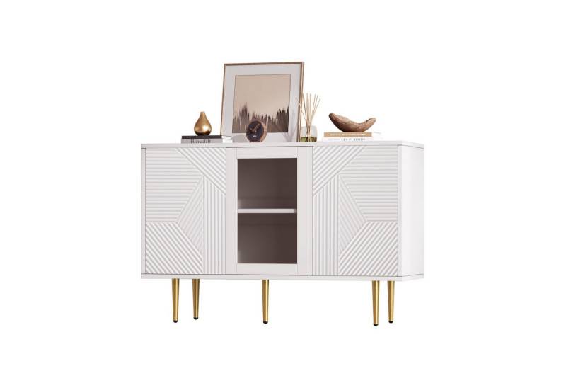 HAUSS SPOLE Sideboard Kommode Vitrine Beistellschrank mit Glastüren, Metallbeine, Weiß (Moderne Kommode mit 3 Türen, Glastüren & Metallfüßen – Robuste Stauraumlösung für Wohnzimmer, Schlafzimmer und Flur., 120 x 38 x 79.5 cm) von HAUSS SPOLE