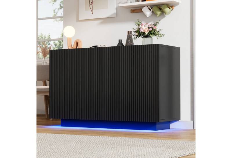 HAUSS SPOLE Sideboard Kommode mit Beleuchtung Bluetooth Steuerung Vertikale Streifen Schwarz (Kommode, Anrichte, Wohnzimmerschrank, Aufbewahrungsschrank, 1 St., 3 Türen), Marmor Optik, mit LED-Beleuchtung von HAUSS SPOLE