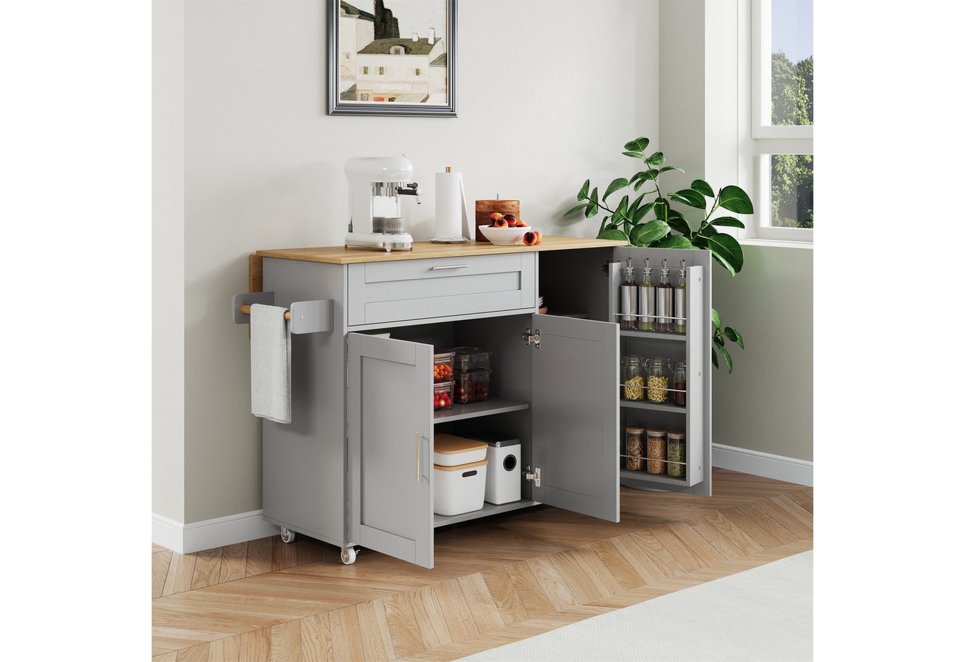 HAUSS SPOLE Sideboard Küchenschrank Küchenwagen mit klappbarer Tischplatte, Handtuchhalter von HAUSS SPOLE