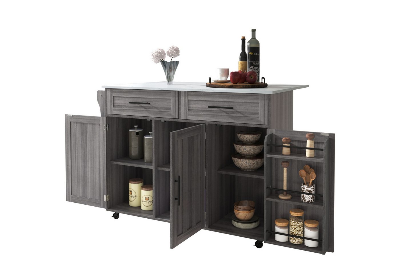 HAUSS SPOLE Sideboard Küchenwagen Buffetschrank Küchenschrank mit Rollen,Ablage (1 St., 5 Räder, 3 Tür), mit Ausziehbare Arbeitsplatte,Massivholzbeine umschaltbar von HAUSS SPOLE