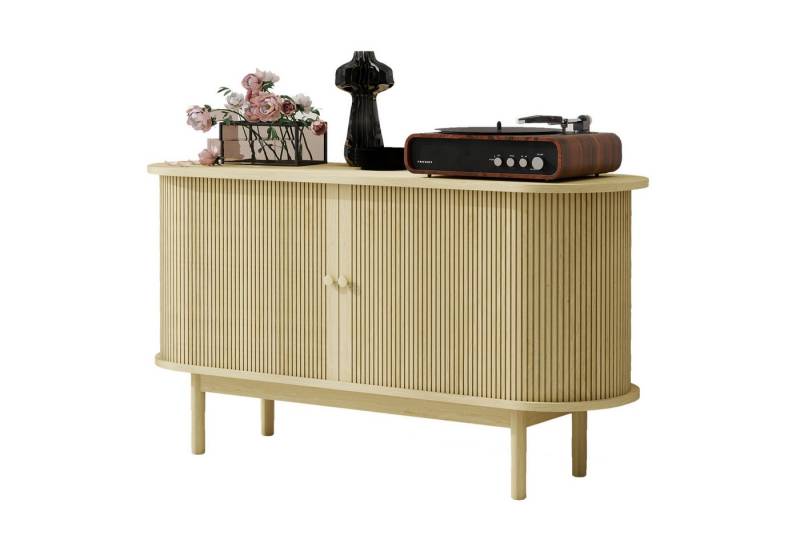 HAUSS SPOLE Sideboard Retro-Beistellschrank Lowboard mit Kiefernholzbeinen & Schiebetüren (Retro Modernes Holz Sideboard mit Schiebetüren und Kiefernholzbeinen, 138 cm – Verstellbare Regale, elegantes Design, stabiler Stauraum für Esszimmer, Küche, Flur & Wohnzimmer – 60 kg Belastbarkeit) von HAUSS SPOLE