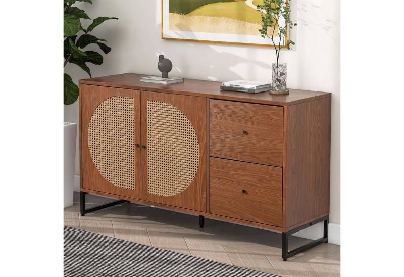 HAUSS SPOLE Sideboard Schubladenkommode, Sideboard Highboard Kommode (mit 2 Rattan verzierten Türen und 2 Schubladen Kommode Küchenschrank, 1 St), Highboard mit Metallgriffe von HAUSS SPOLE