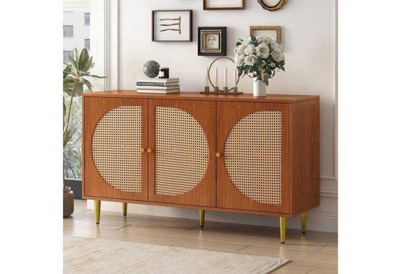 HAUSS SPOLE Sideboard Schubladenkommode, Sideboard Highboard Kommode (mit 3 Rattan verzierten Türen Kommode Highboard mit Metallgriffe), Nussbaum 129.8x 40x 76cm von HAUSS SPOLE