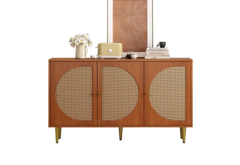 HAUSS SPOLE Sideboard Schubladenkommode, Sideboard Highboard Kommode (mit 3 Rattan verzierten Türen Kommode Highboard mit Metallgriffe, 1 St), Nussbaum 129.8x 40x 76cm von HAUSS SPOLE