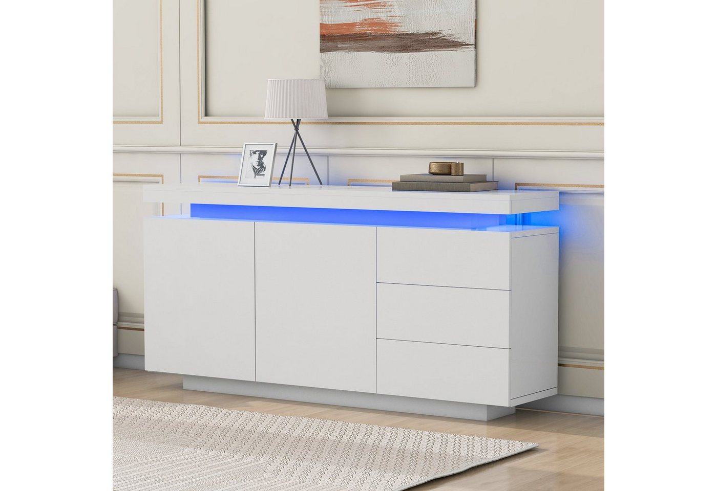 HAUSS SPOLE Sideboard Schubladenkommode mit 2 Nachttisch, Sideboard Highboard Kommode (Hochglanz mit LED inkl. Fernbedienung, Schubkastenkommode, Kommode aus Holz mit 4 Fächern und 3 Schubladen), Beistellschrank, Breite 140cm von HAUSS SPOLE