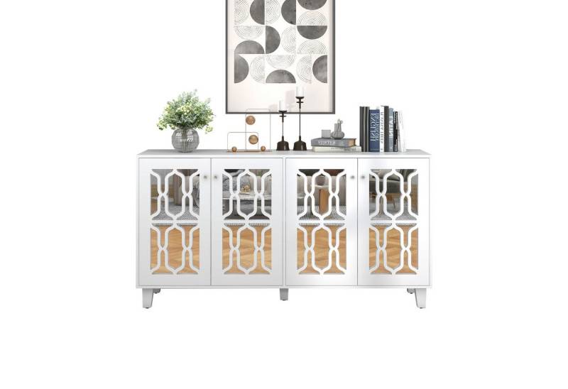 HAUSS SPOLE Sideboard Sideboard Kommode Beistellschrank Aufbewahrungsschrank (Weiß verspiegelte Anrichte mit kühlen Kristallgriffen und vier Türen), modernes Design von HAUSS SPOLE