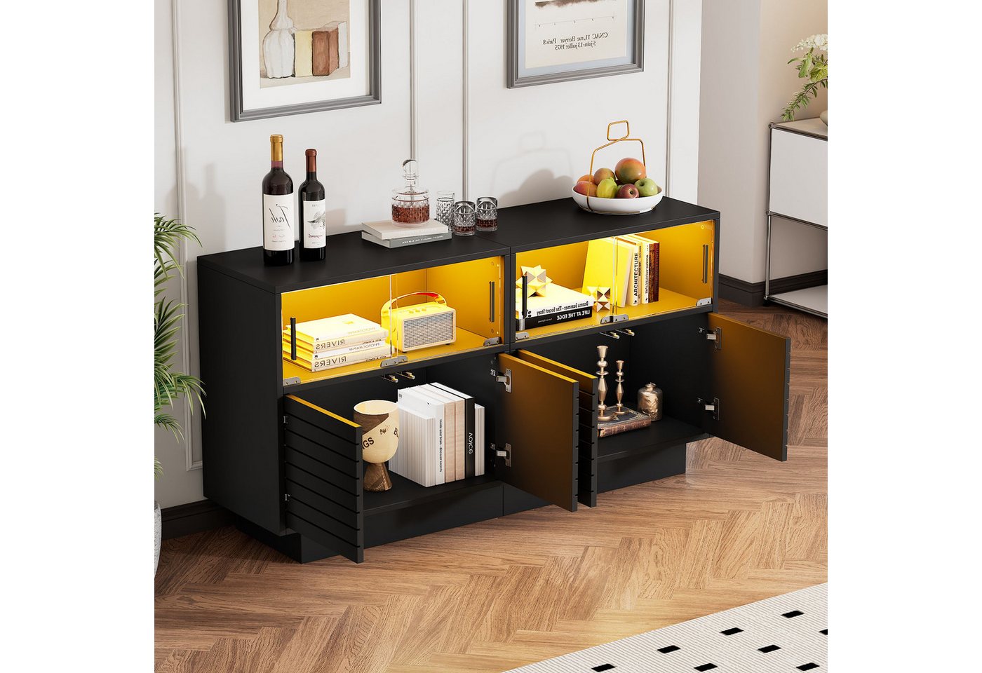 HAUSS SPOLE Sideboard Sideboard mit 2 Kabinett,4 Fächern,Glastüren,LED-Licht,highboard HAUSS SPOLE Sideboard Sideboard mit 2 Kabinett,4 Fächern,Glastüren,LED-Licht,highboard von HAUSS SPOLE