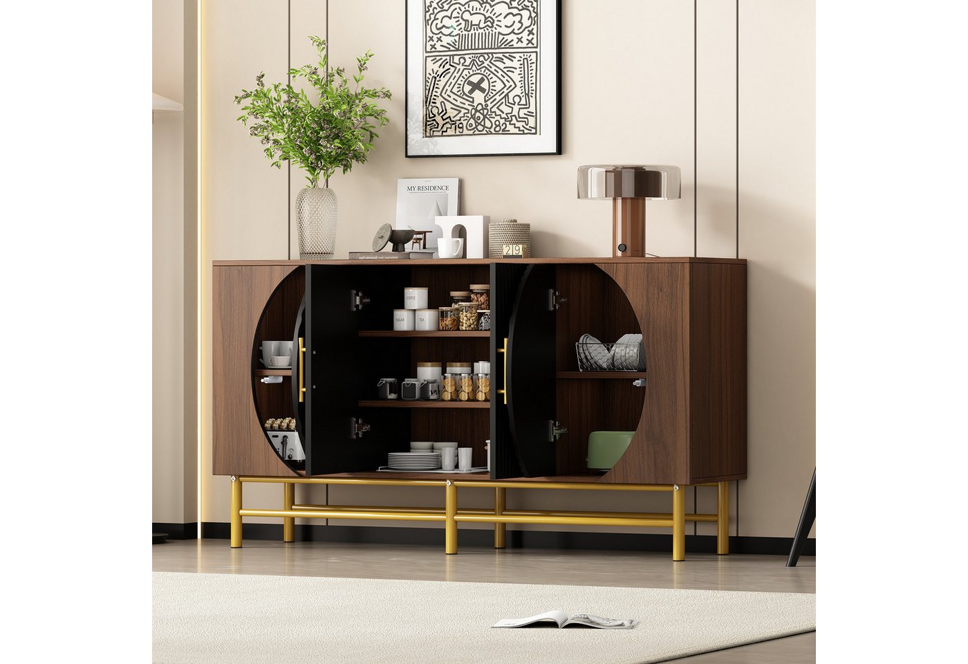 HAUSS SPOLE Sideboard Wohnzimmerschrank Walnut mit verstellbaren Ablage,Beistellschrank (Modernes Vier-Türen-Sideboard mit vertikalen Streifen und verstellbaren Ablageplatten – elegante Aufbewahrungslösung mit goldenen Akzenten), mit vertikalen Streifen und verstellbaren Ablageplatten HAUSS SPOLE Sideboard Wohnzimmerschrank Walnut mit verstellbaren Ablage,Beistellschrank (Modernes Vier-Türen-Sideboard mit vertikalen Streifen und verstellbaren Ablageplatten – elegante Aufbewahrungslösung mit goldenen Akzenten), mit vertikalen Streifen und verstellbaren Ablageplatten von HAUSS SPOLE