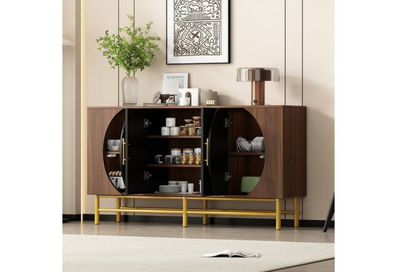 HAUSS SPOLE Sideboard Wohnzimmerschrank Walnut mit verstellbaren Ablage,Beistellschrank (Modernes Vier-Türen-Sideboard mit vertikalen Streifen und verstellbaren Ablageplatten – elegante Aufbewahrungslösung mit goldenen Akzenten), mit vertikalen Streifen und verstellbaren Ablageplatten von HAUSS SPOLE