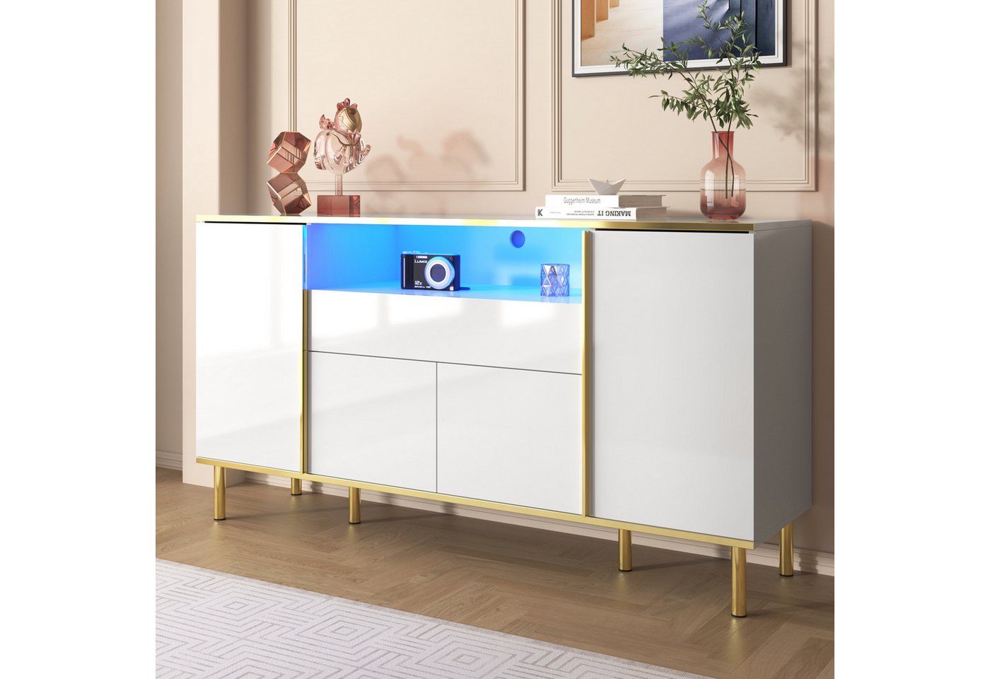 HAUSS SPOLE Sideboard hochglänzend Kommode mit 2 Schubladen, 4 Türen und ein Fach weiß (Schlafzimmerkommode, 1 St., mit 1 Schublade), Sideboard-B150/T40 /H80cm von HAUSS SPOLE