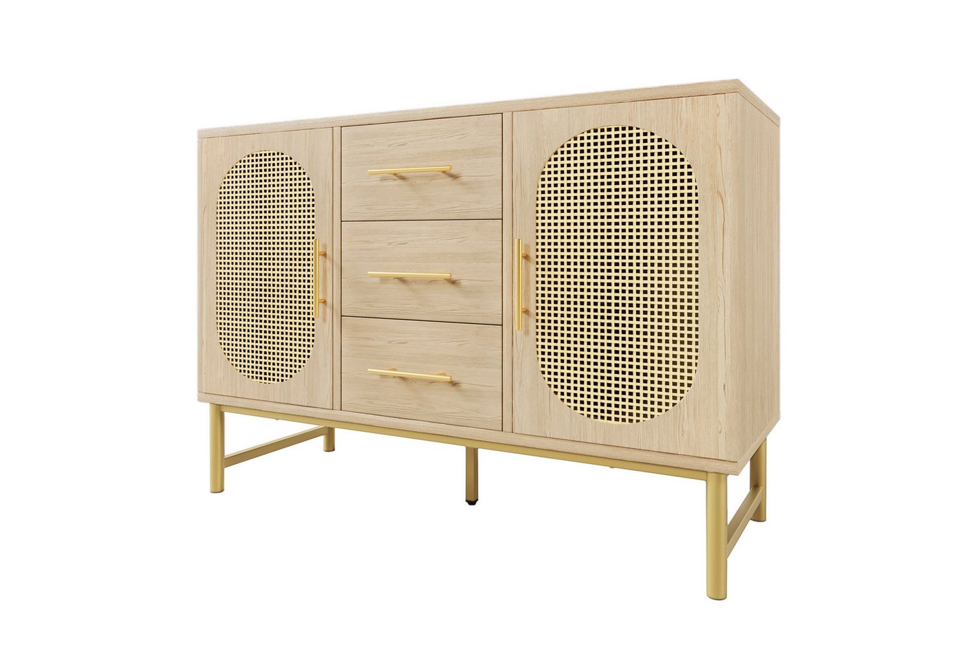 HAUSS SPOLE Sideboard mit 3 Schubladen und 2-Rattan-Türer, Verstellbare Regale, natur (Komodenschrank, Schminktisch, 1 St., 3-Schubladen und 2-Rattan-Türer), mit höhenverstellbare Metallfüße, H74/B120/T40 cm von HAUSS SPOLE