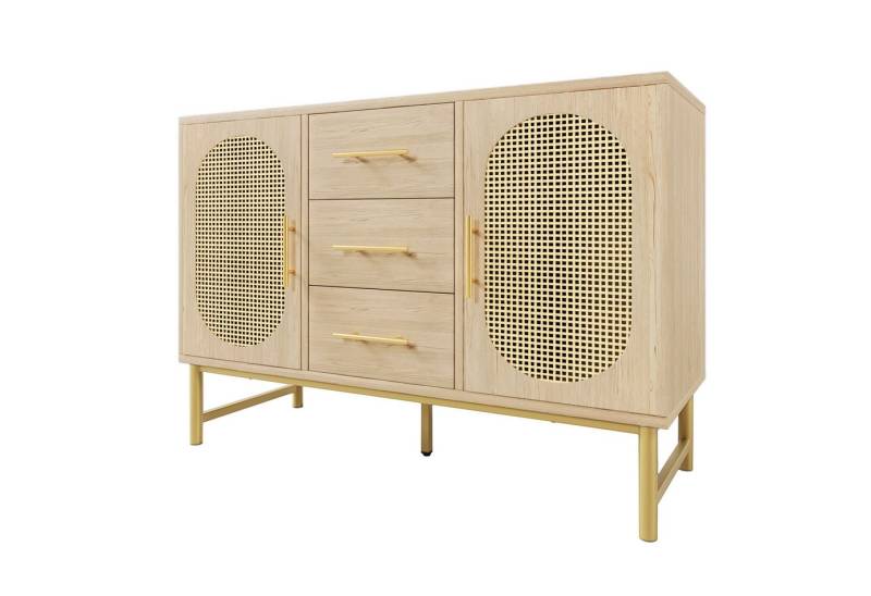 HAUSS SPOLE Sideboard mit 3 Schubladen und 2-Rattan-Türer, Verstellbare Regale, natur (Komodenschrank, Schminktisch, 1 St., 3-Schubladen und 2-Rattan-Türer), mit höhenverstellbare Metallfüße, H74/B120/T40 cm von HAUSS SPOLE