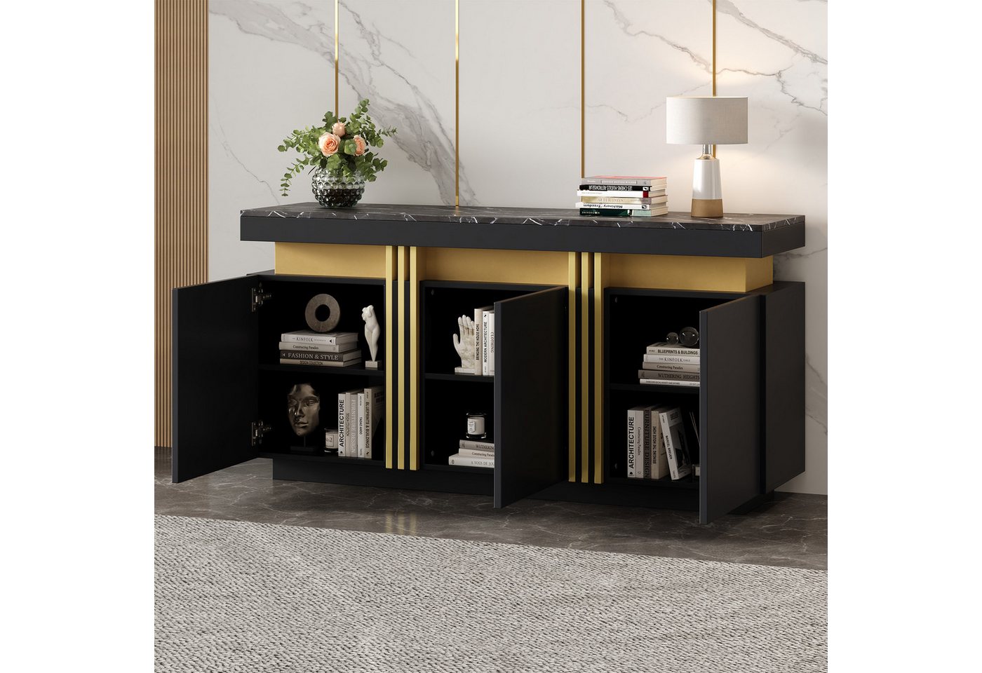 HAUSS SPOLE Sideboard mit 3 Türen, verstellbaren Trennwänden für Küche, Wohnzimmer, Schwarz (Wohnzimmerschrank, Küchenmöbel, Kommode, Anrichte, 1 St., 3 Türen), mit verstellbaren Trennwänden von HAUSS SPOLE
