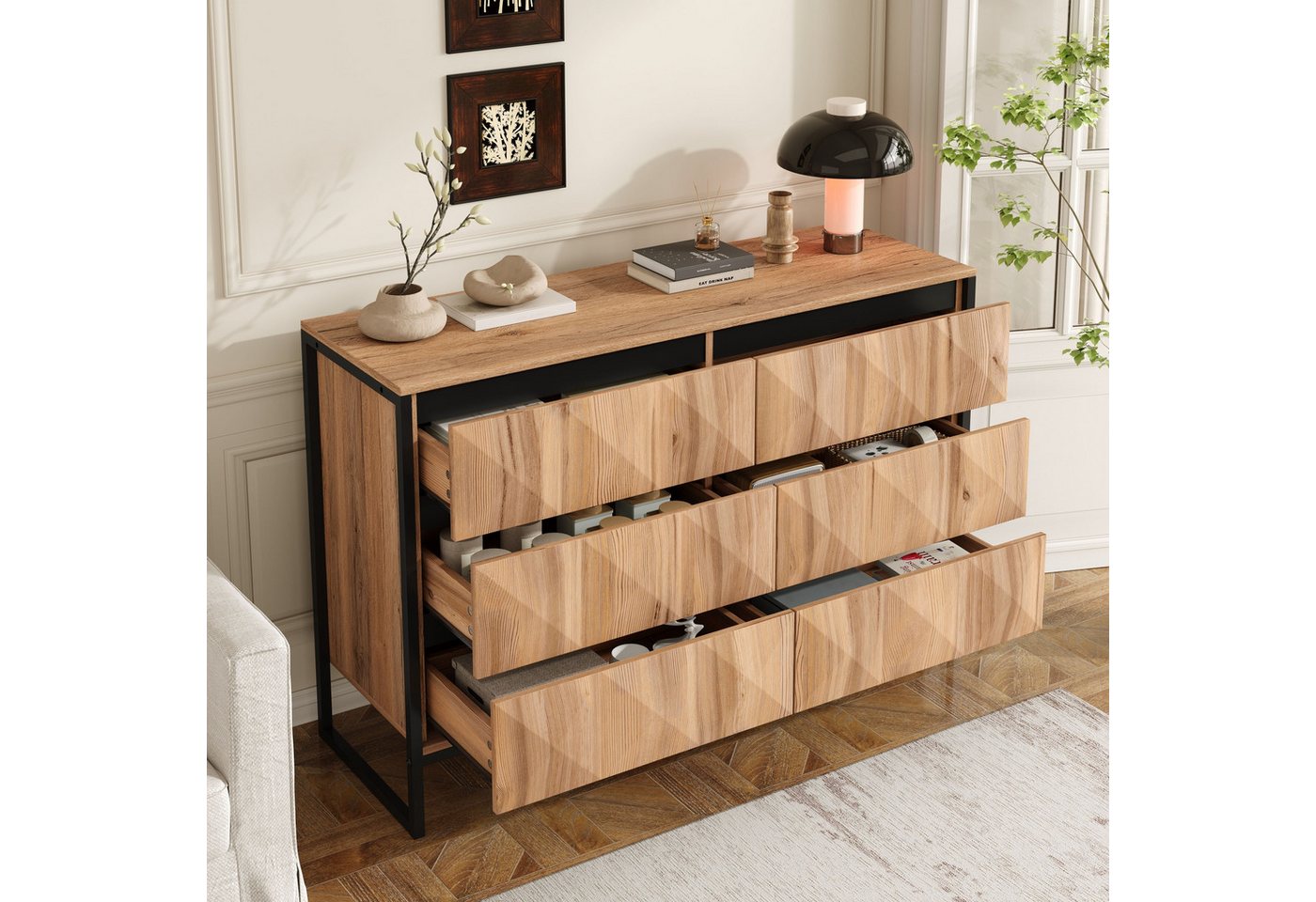 HAUSS SPOLE Sideboard mit 6 Schubladen,Beistellschrank Kommode mit Metallbeinen,Natur (Kommode, Buffetschrank, Organizer, 1 St., Spanplatte+MDF), Metallbeinen und erhöhten Türen von HAUSS SPOLE