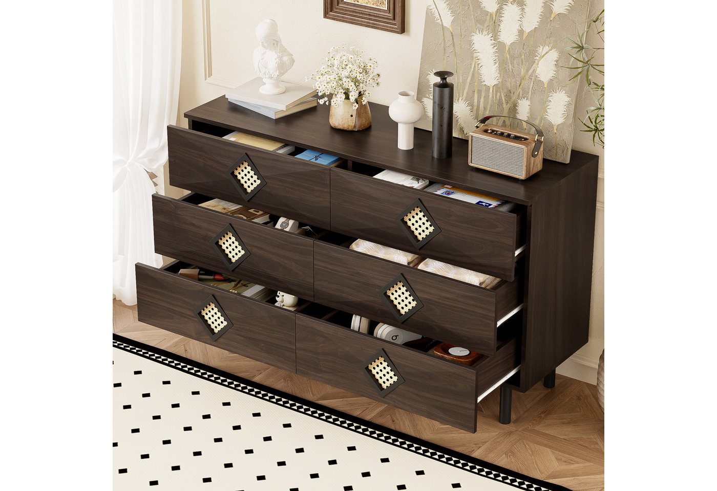 HAUSS SPOLE Sideboard mit Kabeldurchführungen,Beistellschrank Kommode mit Rattanschublade (Kommode, Buffet, Esszimmerschrank, 1 St., 6 Schubladen), aus Spanplatte + MDF von HAUSS SPOLE