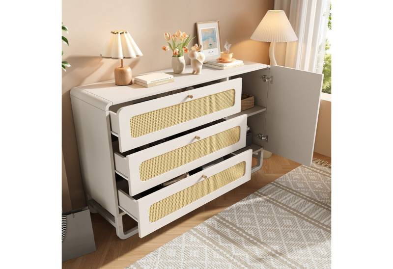 HAUSS SPOLE Sideboard mit Kippsicherung,Aufwahrungsschrank Kommode mit Rattanschubladen (Kommode, Anrichte, Wohnzimmerschrank, 1 St., mit 3 Schubladen,1 Türschrank, höhenverstellbare Regale), mit Rattan, Goldgriffen, Kippsicherung von HAUSS SPOLE