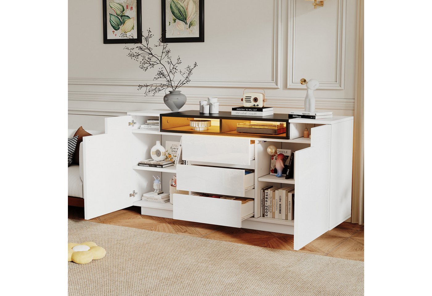 HAUSS SPOLE Sideboard mit Schublade,Kommode Aufbewahrungsschrank mit LED-Leuchten&Trennwände (Kommode, Anrichte, Buffet, 1 St., mit 2 L-förmigen Türen, 3 Schubladen), 140*60*48 cm von HAUSS SPOLE
