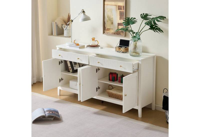 HAUSS SPOLE Sideboard mit Schubladen,Aufbewahrungsschrank Beistellschrank mit goldenen Griff (Kommode, Anrichte, Wohnzimmerschrank, 1 St., 2 Schubladen und 4 Türen), Mattweiß von HAUSS SPOLE