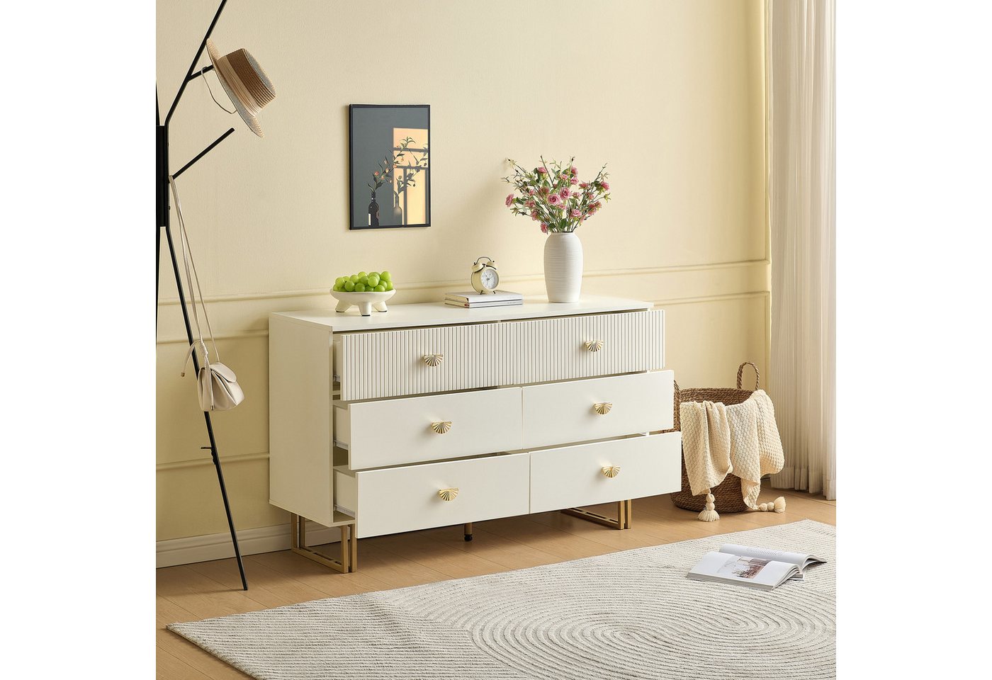 HAUSS SPOLE Sideboard mit Stahlbeinen,Aufwahrungsschrank Beistellschrank mit Schubladen (Kommode, Küchenschränke, Anrichte, 1 St., 6 Schubladen), Gold-Akzenten von HAUSS SPOLE