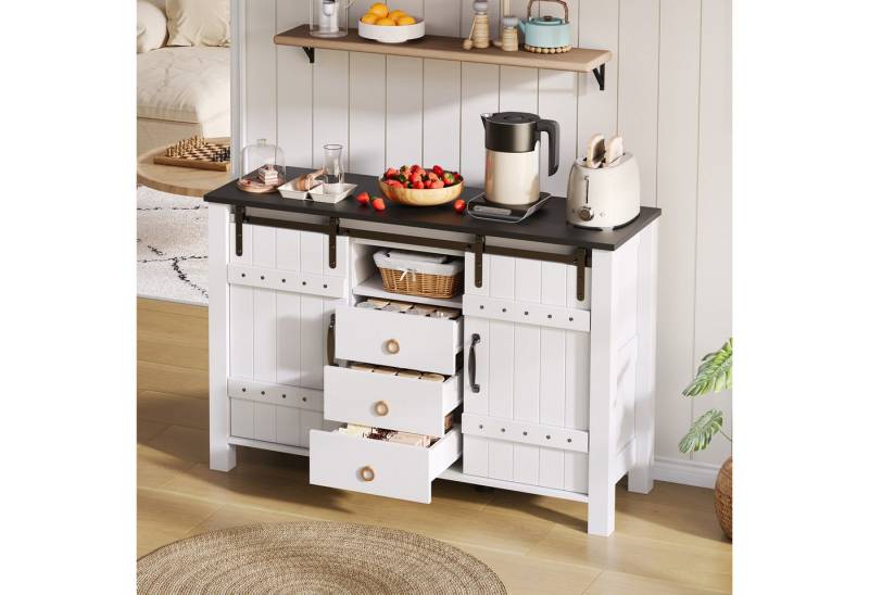 HAUSS SPOLE Sideboard mit Stauraum,Buffetschrank Kommode Küchenschrank mit Schubladen,Weiß (Rustikaler Buffetschrank mit Schiebetüren & 3 Schubladen), mit Schiebetüren und 3 Schubladen von HAUSS SPOLE