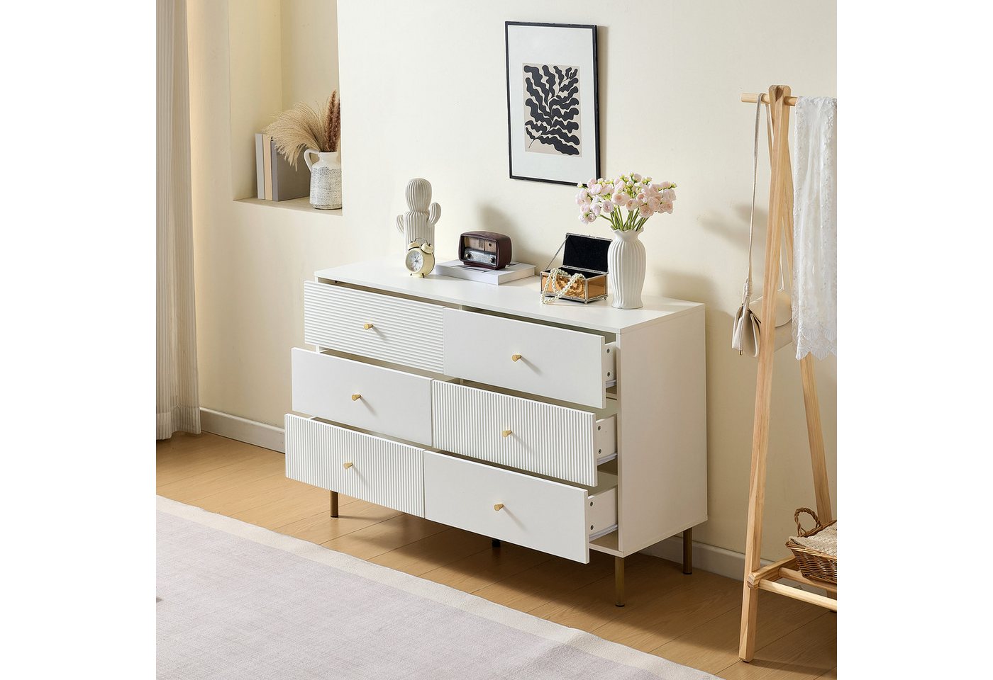 HAUSS SPOLE Sideboard mit Zinklegierung-Griffen,Aufwahrungsschrank Kommode mit Schubladen (Anrichte, Wohnzimmerschrank, Esszimmerschrank, 1 St., 6-Schubladen-Kommode), MDF-Schrank mit Stahlbeinen von HAUSS SPOLE