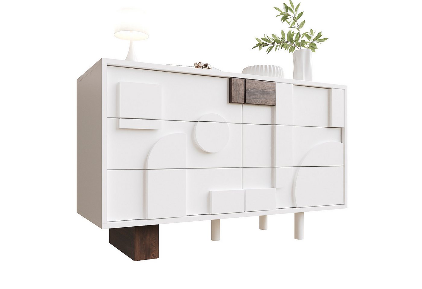 HAUSS SPOLE Sideboard mit geometrisch gestalteten Türen, ohne Griffe für Esszimmer, weiß (Modernes Sideboard weiß mit Push-to-Pop-Schubladen – Grifflose Türen, geometrisches Design, Massivholzbeine, ideal für Wohnzimmer & Esszimmer, 120*40*75CM), mit Push-to-Pop-Funktion von HAUSS SPOLE