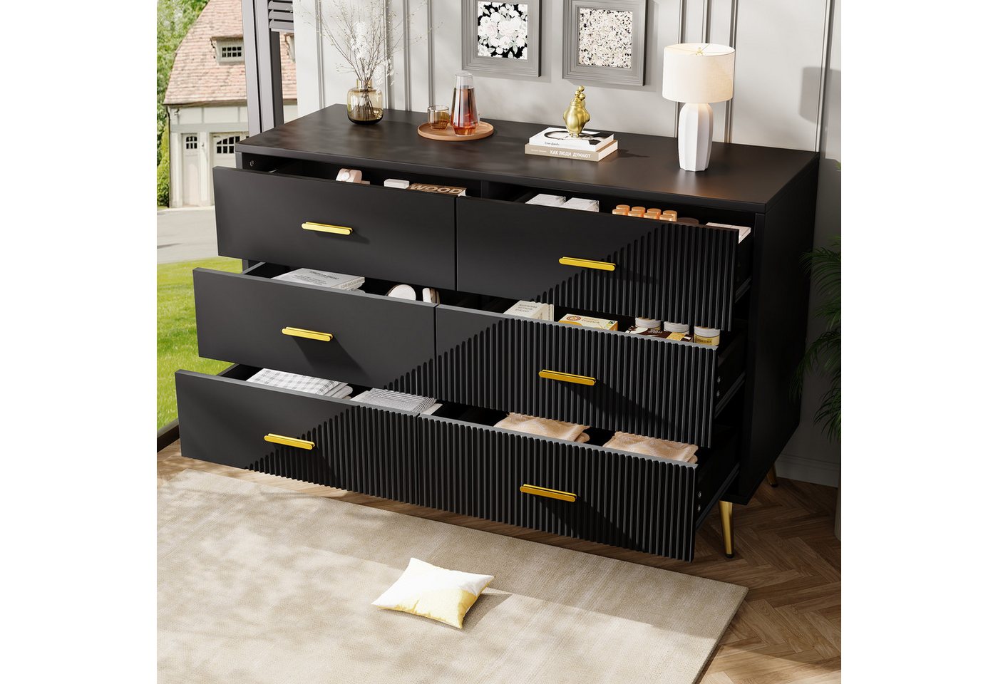 HAUSS SPOLE Sideboard mit goldene Beine, 6 geräumige Schubladen für Wohnzimmer, Schwarz (Schubladenkommode 120x40x75 cm – Modernes Sideboard mit 6 geräumigen Schubladen, elegantes 3D-Türdesign & goldenen Beinen), 6 geräumige Schubladen HAUSS SPOLE Sideboard mit goldene Beine, 6 geräumige Schubladen für Wohnzimmer, Schwarz (Schubladenkommode 120x40x75 cm – Modernes Sideboard mit 6 geräumigen Schubladen, elegantes 3D-Türdesign & goldenen Beinen), 6 geräumige Schubladen von HAUSS SPOLE