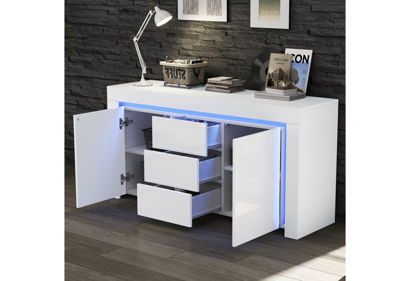 HAUSS SPOLE Sideboard mit verstellbaren Trennwänden,TV-Schrank TV-Regal mit 8 Tischbeinen (Kommode, Anrichte, Wohnzimmerschrank, 1 St., mit 3 Schubladen,2 Türen), 140*40*65cm von HAUSS SPOLE