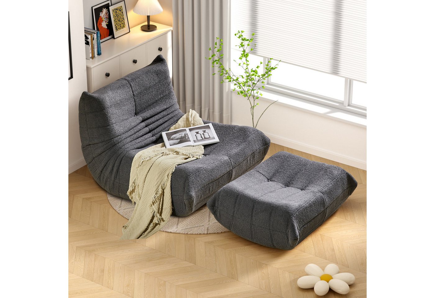 HAUSS SPOLE Sitzsack Lazy Sofa Sitzsack mit Fußhocker, Teddystoff Grau, für Wohnzimmer (2 St) von HAUSS SPOLE
