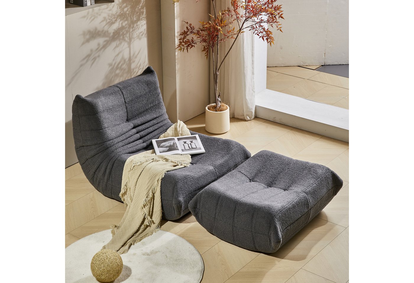 HAUSS SPOLE Sitzsack Sitzsack Lazy Sofa mit Fußhocker für Wohnzimmer Teddysamt, Grau (2 St) von HAUSS SPOLE