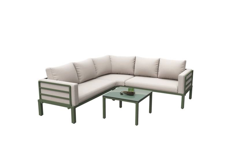 HAUSS SPOLE Sofa Gartenmöbel-Set verzinkter Eisenrahmen, mit verstellbaren Beinen Beige, Elegantes Gartenmöbel-Set (4-5 Sitzplätze) mit verzinktem Eisenrahmen, gehärtetem Glastisch und bequemen Polstern – Verstellbare Füße, wetterbeständig, ideal für Terrasse, Balkon und Garten – Hohe Tragfähigkeit, einfache Montage 4 Teile, mit Relaxfunktion von HAUSS SPOLE