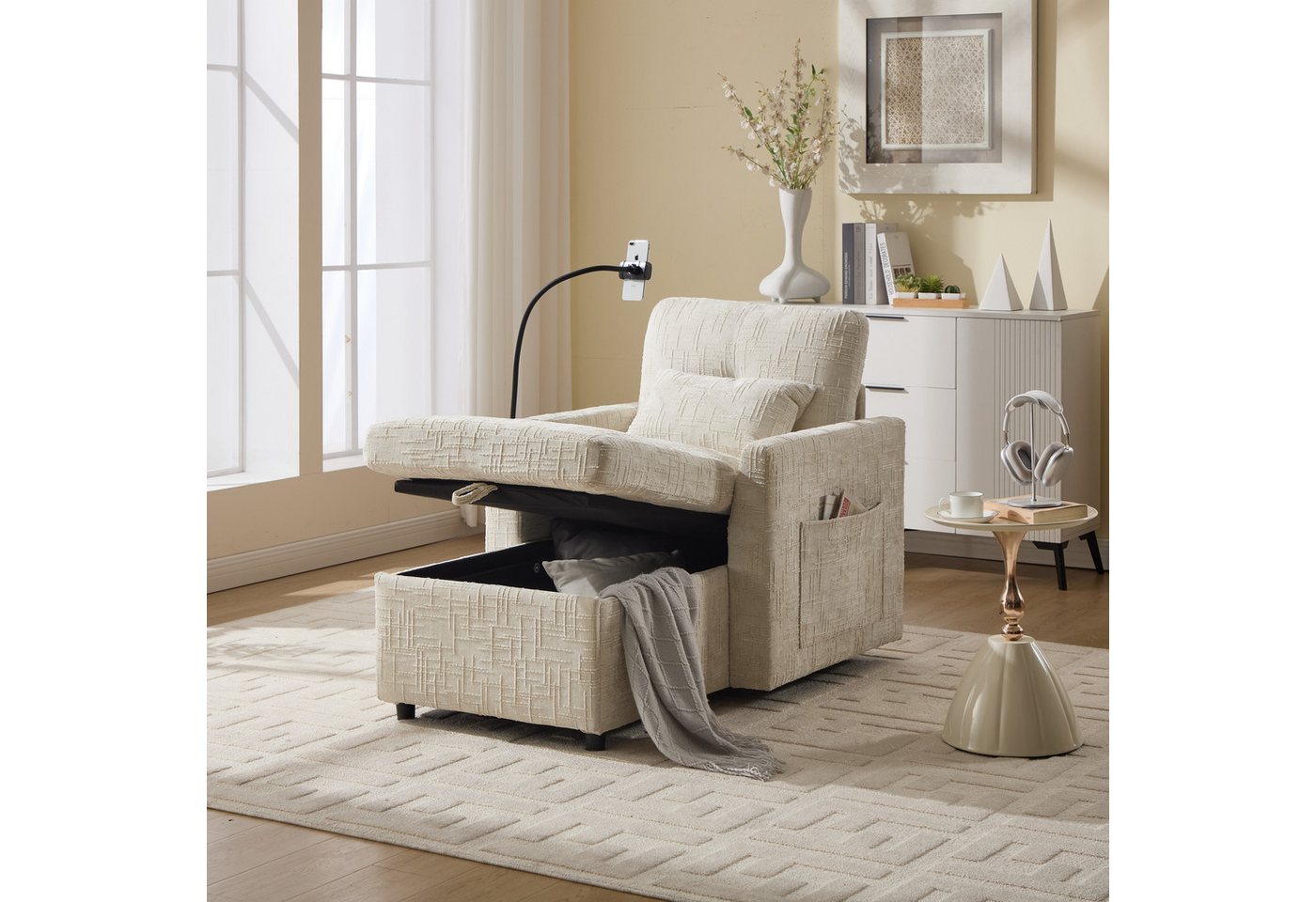 HAUSS SPOLE Sofa mit Schlaffunktion, Relaxsessel mit Handyhalterung,Wohnzimmersofa, Multifunktionales Faulenzersofa mit Handyständer, Stauraum & Chenille-Stoff, Komfortabler Einzelstuhl, für Wohnzimmer, Schlafzimmer & kleine Haushalte, bis 250 kg von HAUSS SPOLE