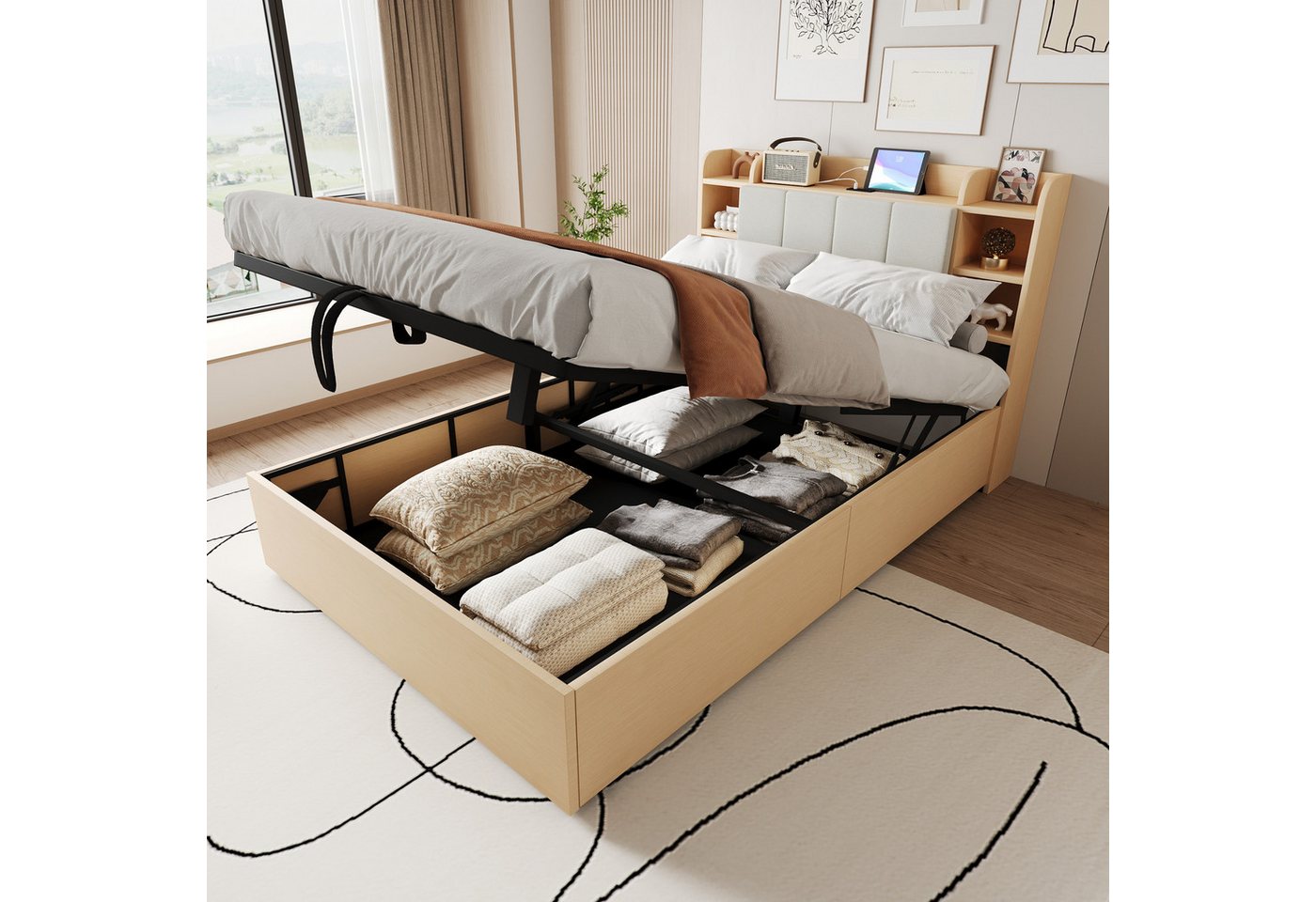 HAUSS SPOLE Stauraumbett 140x200 hydraulisches Bett mit USB-Anschluss, Tape-C-Steckdose, Beige (Verstecktem Stauraum und Ablagefächern im Kopfteil, Multifunktionales Kinderbett Funktionsbett 140x200 cm), ohne Matratze von HAUSS SPOLE