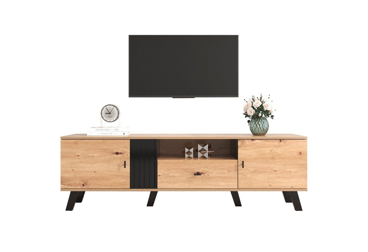 HAUSS SPOLE TV-Schrank 172cm mit Schubladen, Vielfältige Aufbewahrungsfunktionen, Natur und schwarz von HAUSS SPOLE