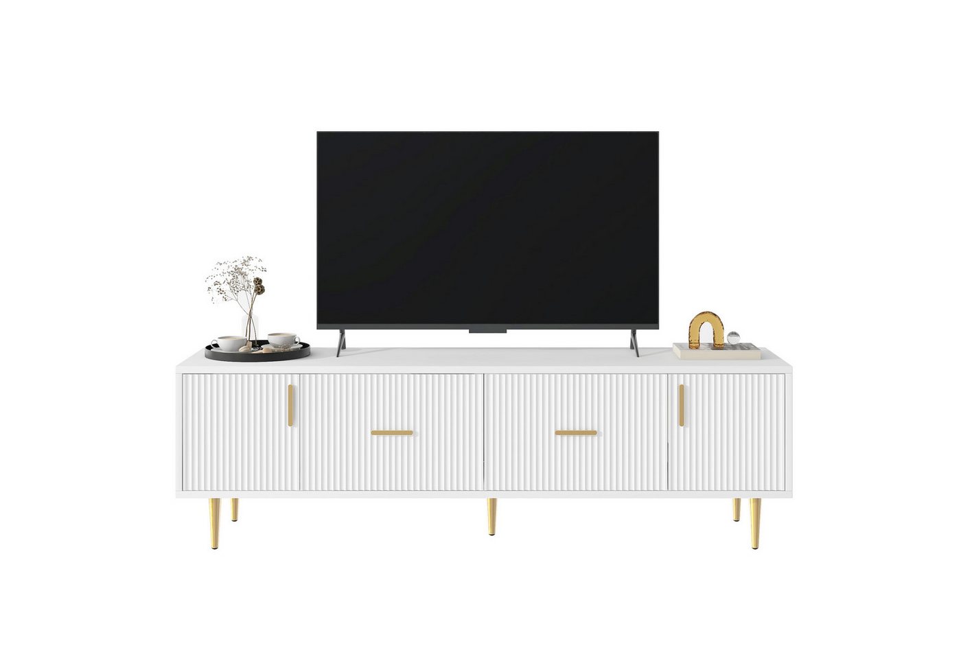 HAUSS SPOLE TV-Schrank TV-Lowboards TV Schrank Fernsehschrank TV-Tisch (mit 2 Türen, 2 Schubladen und goldene Griffe für 70-Zoll-TV, vertikalen Streifen auf der Vorderseite) 170 x 40 x 50 cm von HAUSS SPOLE