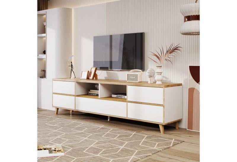 HAUSS SPOLE TV-Schrank TV-Schrank Fernsehtisch TV Board TV- Lowboard (Wohnzimmermöbel in Weiß und Holzfarben) Fächern und Türen im natürlichen Landhausstil. von HAUSS SPOLE