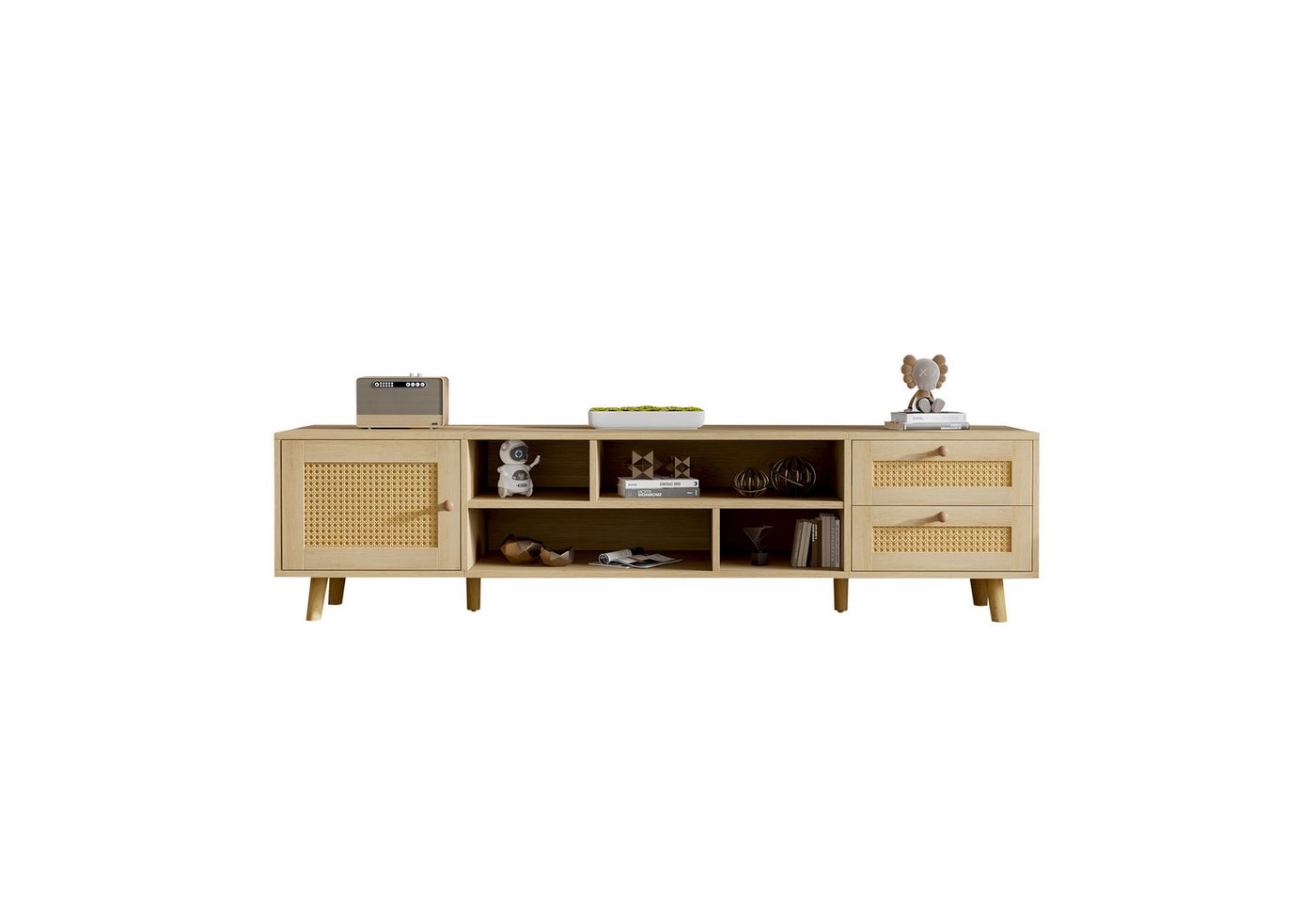 HAUSS SPOLE TV-Schrank für 70-Zoll-Fernseher mit Kabelmanagement, 2 Schubladen, 1 Tür Natur (1-St) mit Rattantüren von HAUSS SPOLE