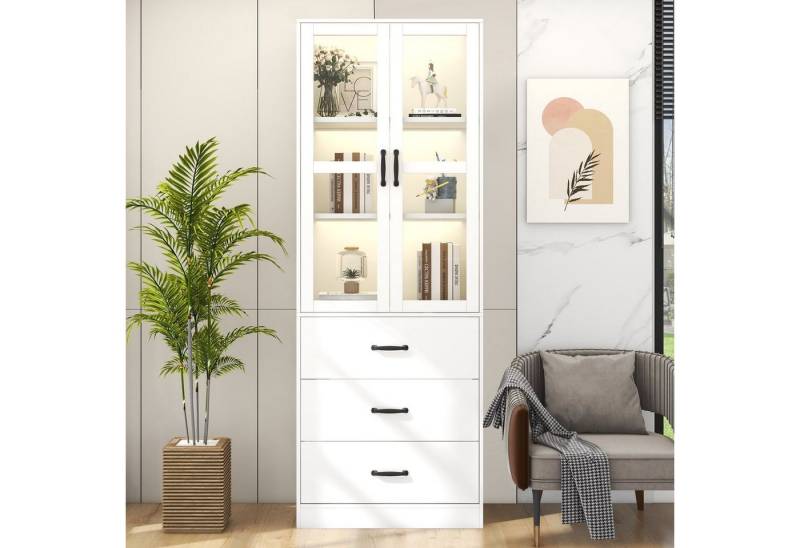 HAUSS SPOLE Vitrine 60x40x200cm mit 3 Schubladen und 2 Trennwänden LED-Beleuchtung, Weiß (mit LED-Beleuchtung, 1-St., Standvitrine mit 3 Schubladen und 2 beweglichen Trennwänden) Stauraumvitrine mit Glastüren und verstellbaren Einlegeböden von HAUSS SPOLE