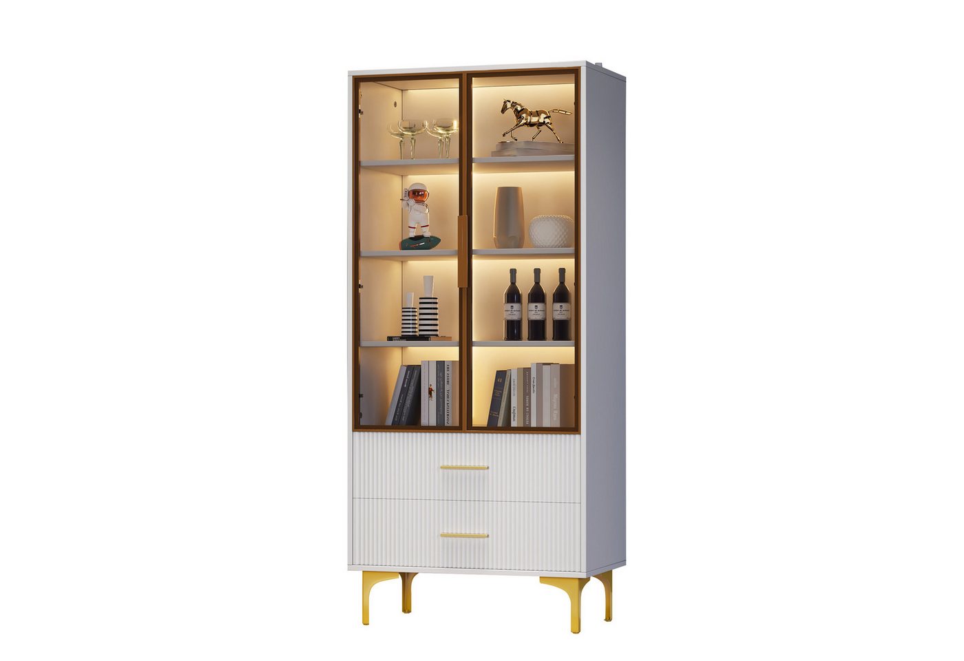 HAUSS SPOLE Vitrine 70x35x150cm mit LED-Licht, zwei Glastüren, goldene Beine,Glasvitrine (1-St., 2 Türen,2 Schubladen) modernes Design von HAUSS SPOLE