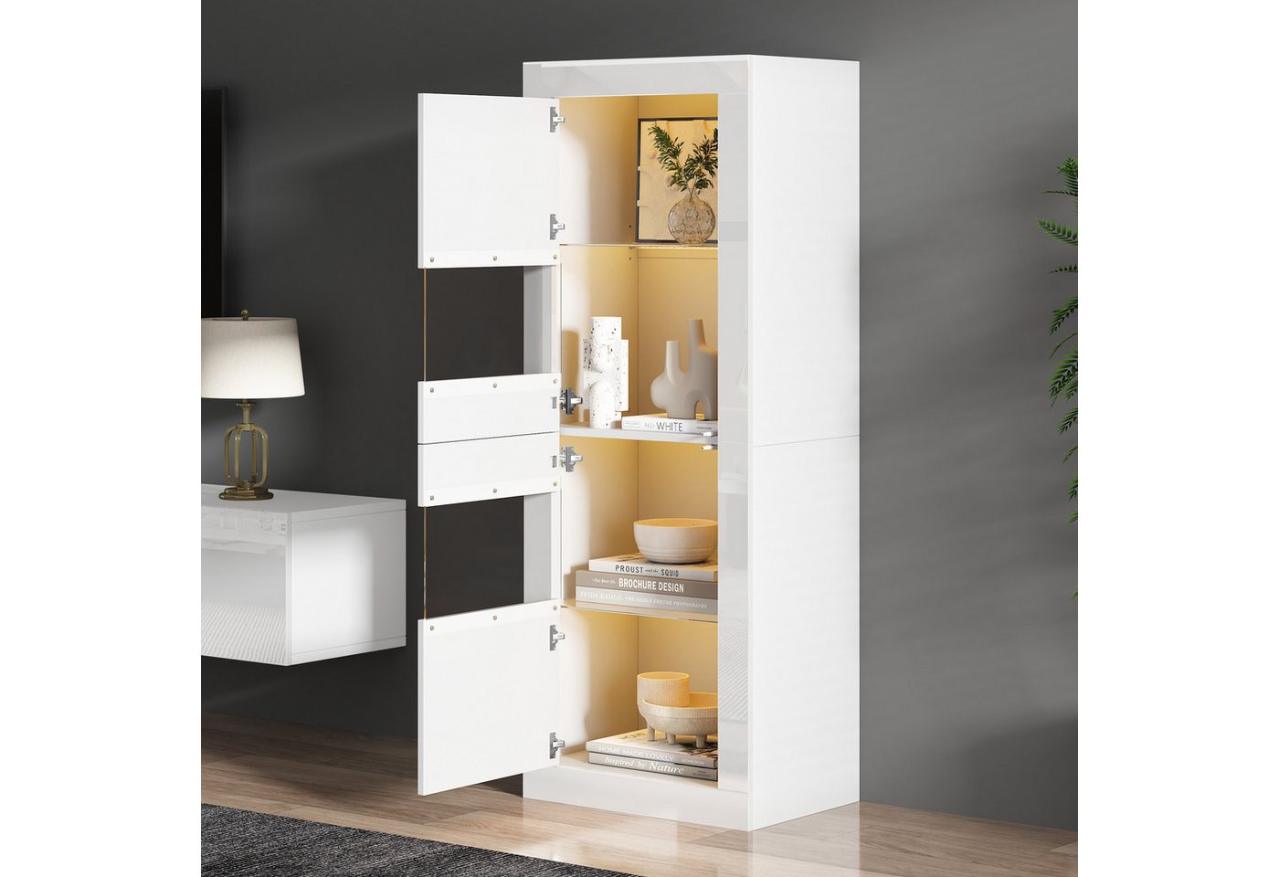 HAUSS SPOLE Vitrine Hochglanz Vitrine mit LED-Beleuchtung, 1 Glasboden,Hochschrank, weiß (Lagerschrank, Highboard, freistehende Glasvitrine , 1-St., Spanplatte + Acryl + gehärtetes Glas) mit LED-Beleuchtung, Glasboden von HAUSS SPOLE